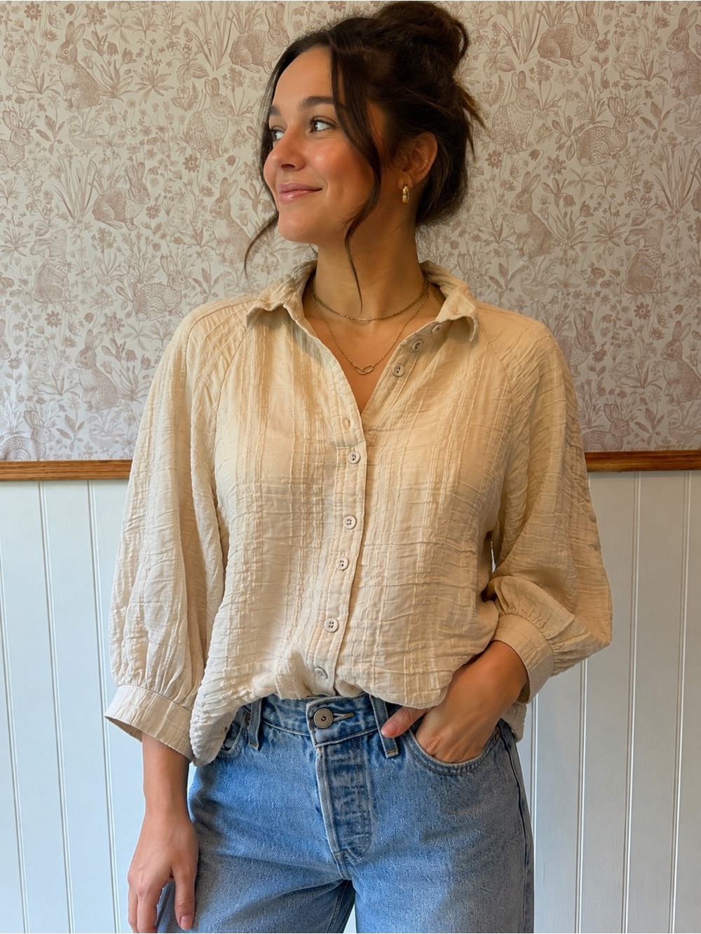 Carly Jean Los Angeles Cream Button-Front Gauze Shirt